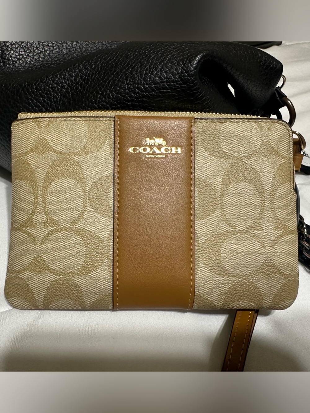 COACH Tan Signature Canvas & Leather Wristlet with Gold Logo